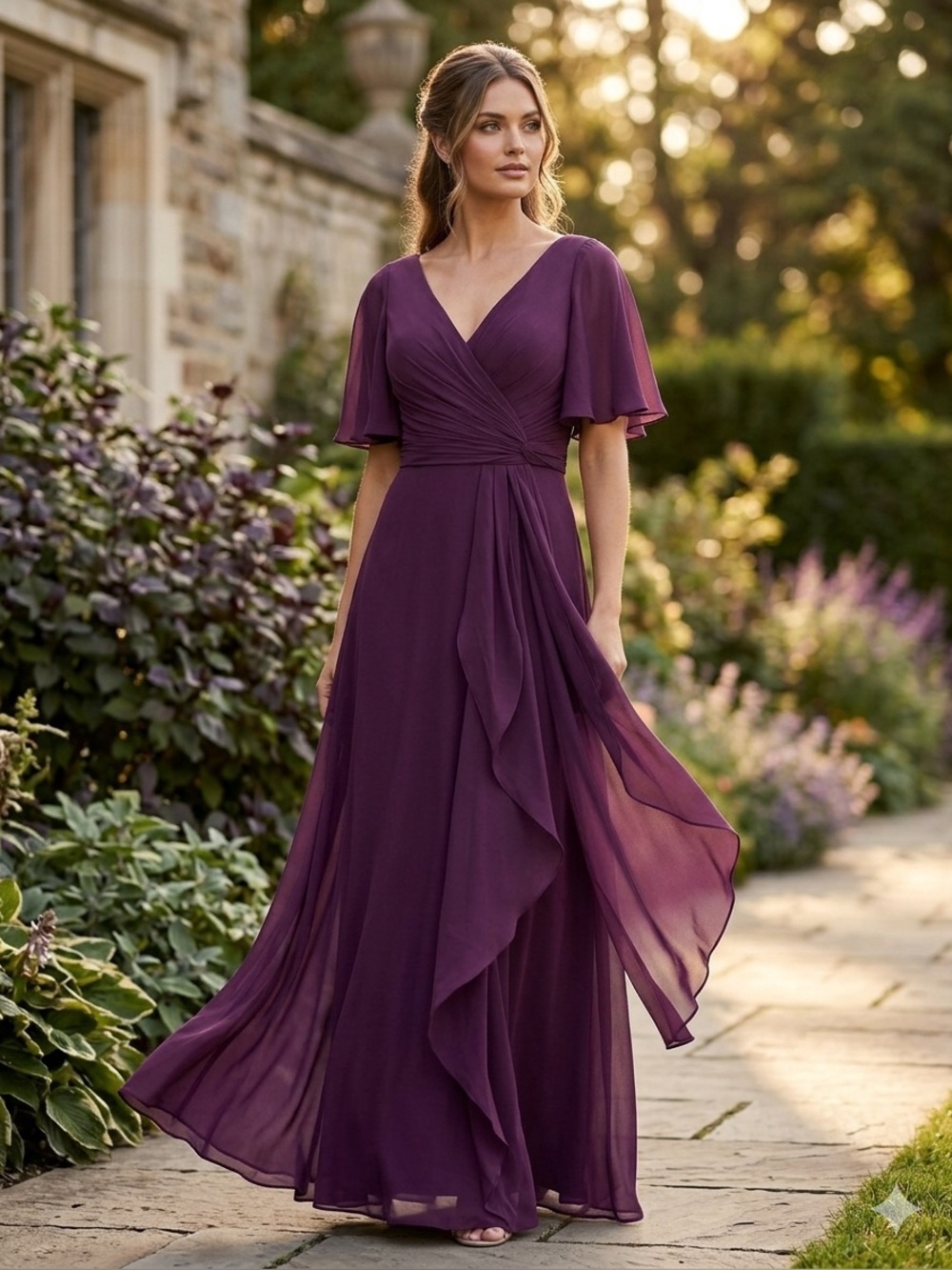 Ryanth Plum Chiffon Flutter Sleeve Maxi Dress Size 10 Corset Lace Up Back Gown